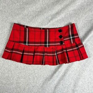 VTG y2k L Micro Mini Skirt Valia Red Plaid Pleated Low Rise Punk Grunge Academia